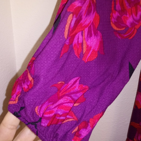 Purple Floral L/S Band Collar Midi Dress - Picture 6 of 14